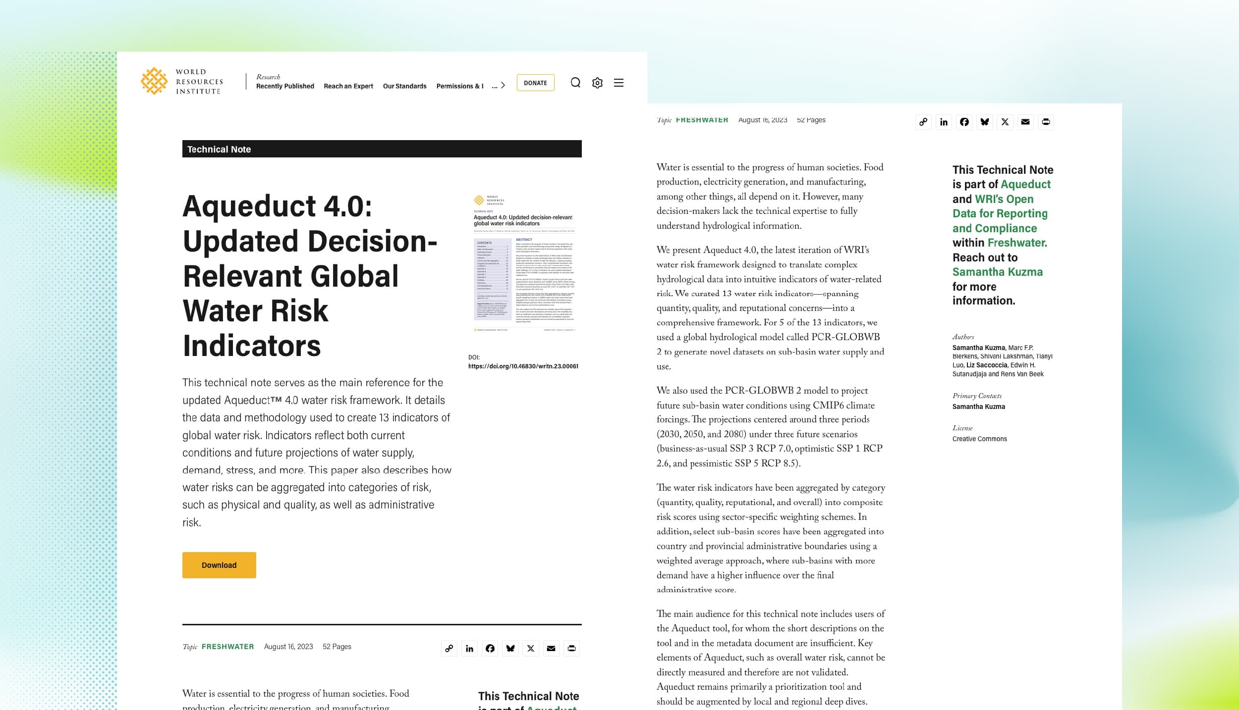 Aqueduct 4.0: Updated Decision-Relevant Global Water Risk Indicators